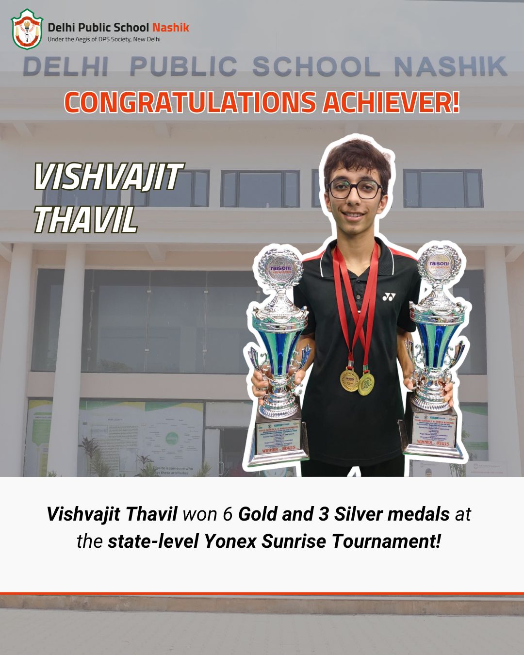 DPS Nashik’s Vishvajit Thavil Wins 6 Gold and 3 Silver Medals in Badminton